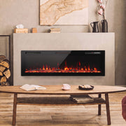 Slim electric fire set into a wall above a low wooden coffee table