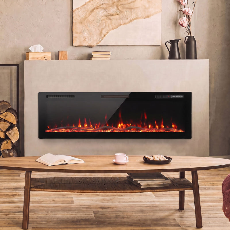 Slim electric fire set into a wall above a low wooden coffee table