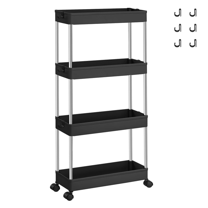 Black 4-tier slim storage trolley with 6 included hooks, studio view