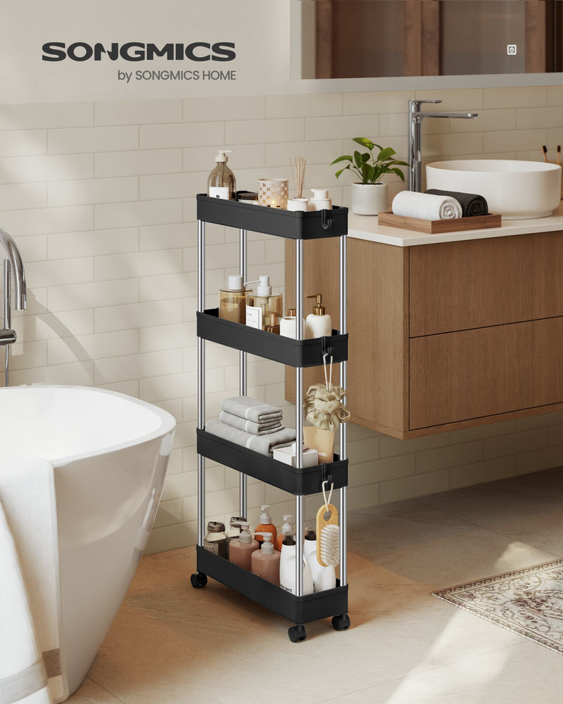 Songmics branded lifestyle photo of the black slim storage trolley