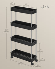 Dimensions diagram showing the trolley at 42 x 14.4 x 86 cm with shelf spacing and included hooks