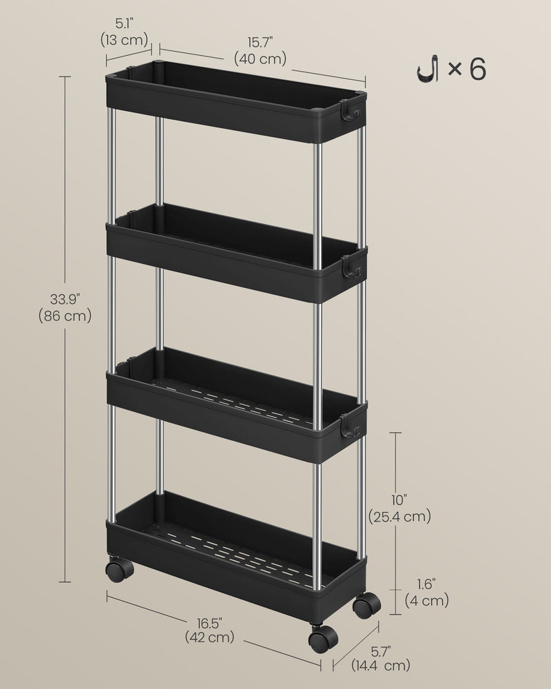 Dimensions diagram showing the trolley at 42 x 14.4 x 86 cm with shelf spacing and included hooks