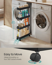 Black storage trolley styled in a bathroom holding towels and toiletries