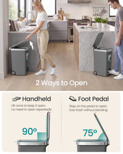 Grey 40L bin shown opening two ways: by hand to 90 degrees or with the foot pedal to 75 degrees