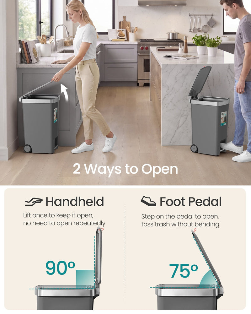 Grey 40L bin shown opening two ways: by hand to 90 degrees or with the foot pedal to 75 degrees