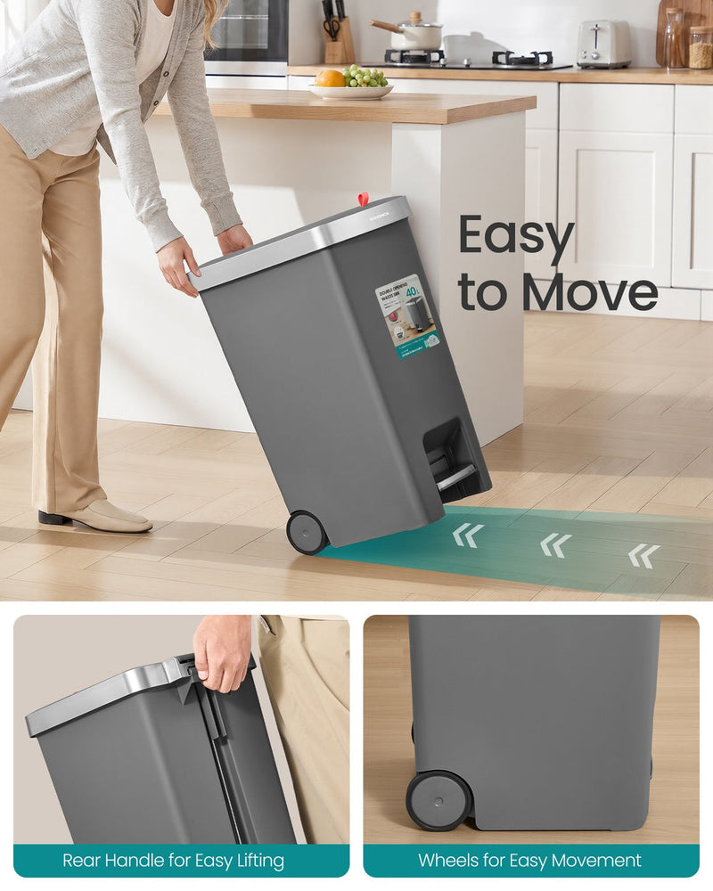Person tilting the grey 40L bin to roll it on its wheels, with rear handle and wheel close-ups