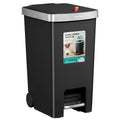 Black slim 40L pedal kitchen bin with wheels and a silver-tone lid trim