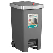 Grey slim 40L pedal kitchen bin with wheels and a silver-tone lid trim