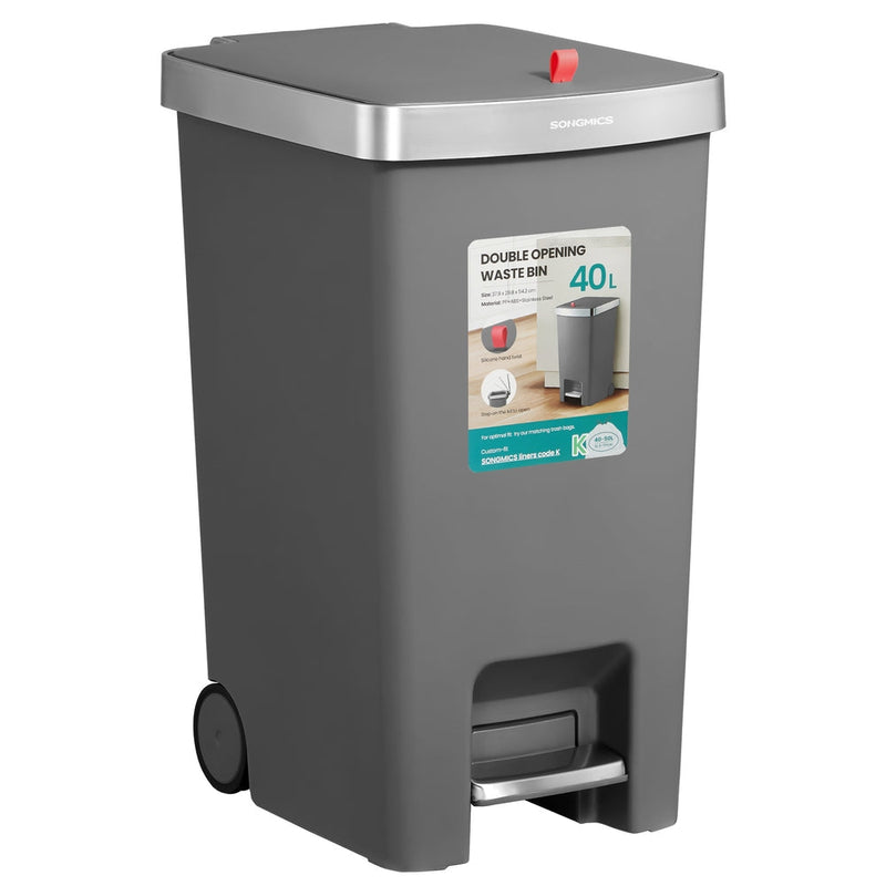 Grey slim 40L pedal kitchen bin with wheels and a silver-tone lid trim