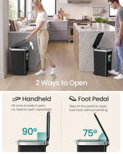 Black 40L bin shown opening two ways: by hand to 90 degrees or with the foot pedal to 75 degrees