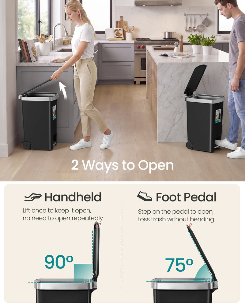 Black 40L bin shown opening two ways: by hand to 90 degrees or with the foot pedal to 75 degrees