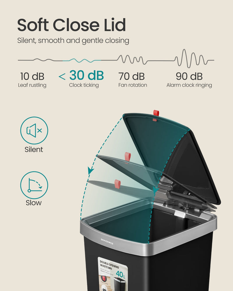 Soft-close lid infographic showing the lid closing at under 30 dB