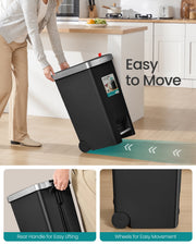 Person tilting the black 40L bin to roll it on its wheels, with rear handle and wheel close-ups