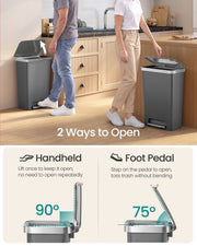 Grey 50L bin shown opening two ways: by hand to 90 degrees or with the foot pedal to 75 degrees