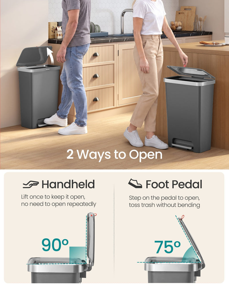 Grey 50L bin shown opening two ways: by hand to 90 degrees or with the foot pedal to 75 degrees