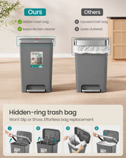 Hidden-ring bin bag holder on a grey 50L bin compared with an exposed bag, plus four bag-changing steps