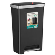 Black slim 50L pedal kitchen bin with a silver-tone lid trim and foot pedal