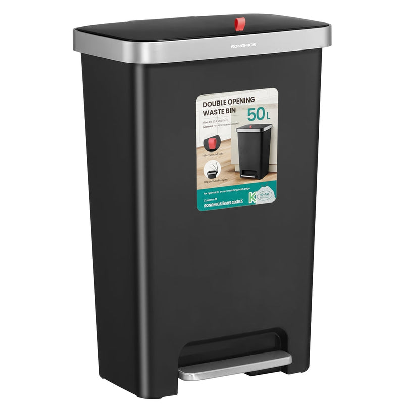 Black slim 50L pedal kitchen bin with a silver-tone lid trim and foot pedal