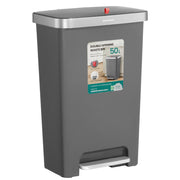 Grey slim 50L pedal kitchen bin with a silver-tone lid trim and foot pedal