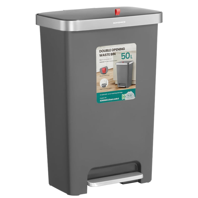 Grey slim 50L pedal kitchen bin with a silver-tone lid trim and foot pedal