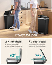 Black 50L bin shown opening two ways: by hand to 90 degrees or with the foot pedal to 75 degrees