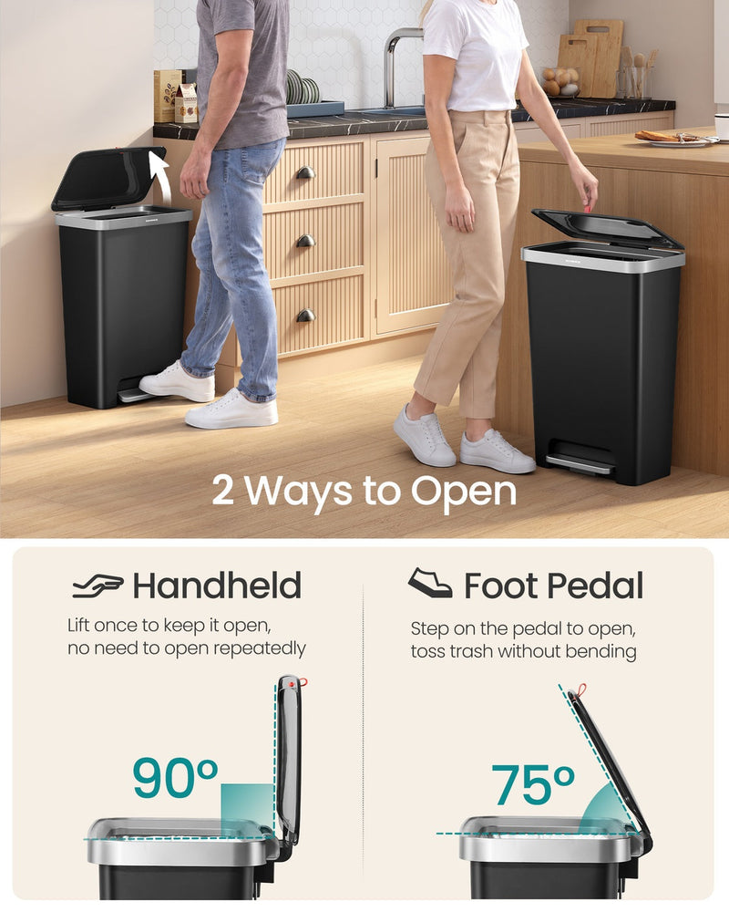 Black 50L bin shown opening two ways: by hand to 90 degrees or with the foot pedal to 75 degrees