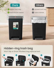 Hidden-ring bin bag holder on a black 50L bin compared with an exposed bag, plus four bag-changing steps