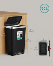 Dimensions diagram of the 50L bin showing 41 cm width, 30.4 cm depth and 62.5 cm body height