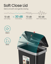 Soft-close lid infographic showing the lid closing at under 30 dB