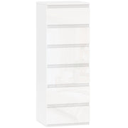 Slim 6-drawer high-gloss white chest of drawers with handleless fronts on a plain background