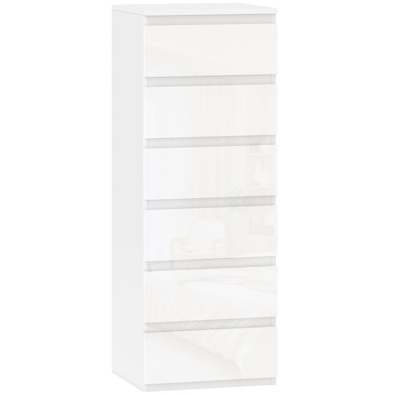 Slim 6-drawer high-gloss white chest of drawers with handleless fronts on a plain background