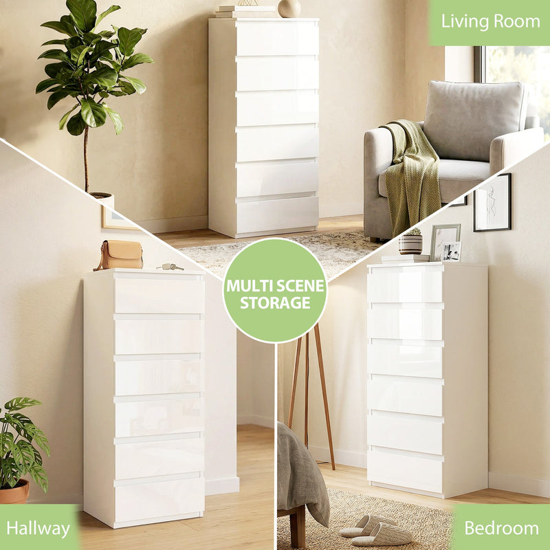 White chest of drawers shown in a living room, hallway and bedroom