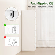 Anti-tip kit diagram showing the chest of drawers secured to the wall