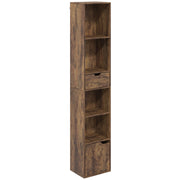 Slim rustic brown bookcase with open shelves, a drawer and a cupboard door on a white background