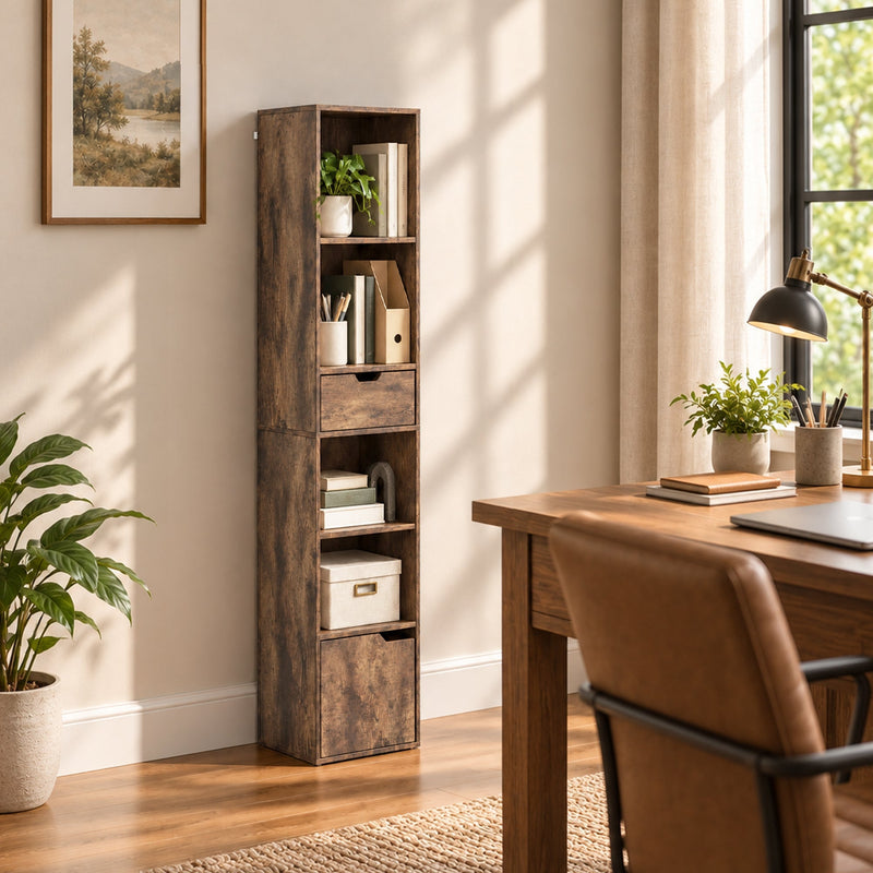 Tall narrow rustic brown bookcase styled with plants and books beside a wooden desk in a home office