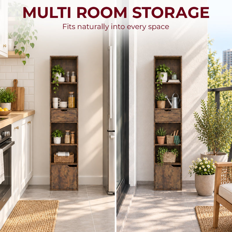 Slim rustic brown bookcase in a kitchen and beside a balcony door showing multi-room use