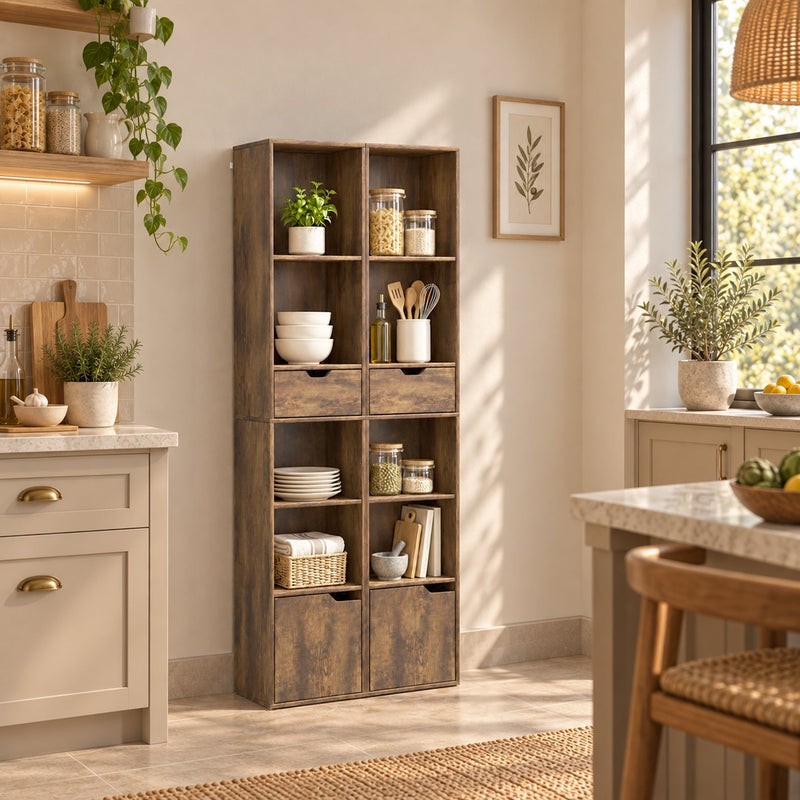 Two rustic brown bookcases placed side by side in a kitchen holding crockery, jars and baskets