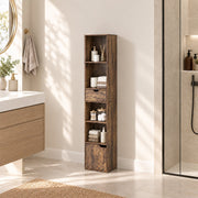 Rustic brown slim bookcase in a bathroom beside a shower holding towels and toiletries