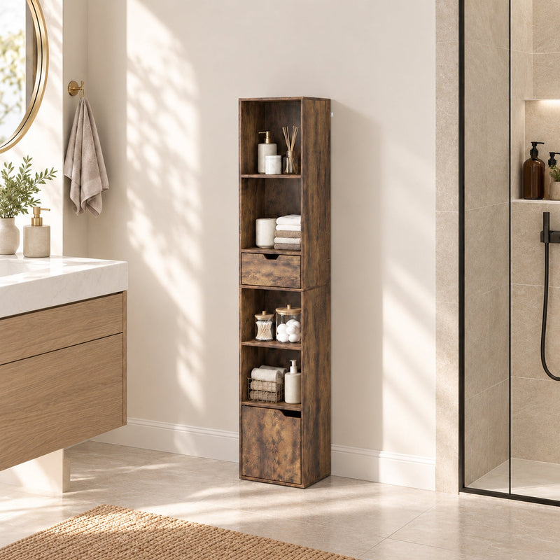 Rustic brown slim bookcase in a bathroom beside a shower holding towels and toiletries