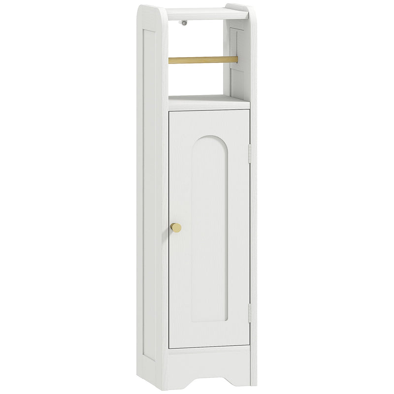 HOMCOM slim white bathroom storage cabinet, studio view showing arched door and gold-tone knob