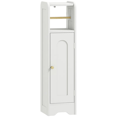HOMCOM slim white bathroom storage cabinet, studio view showing arched door and gold-tone knob