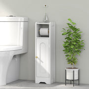 White bathroom storage cabinet positioned beside a toilet, holding a spare toilet roll on top