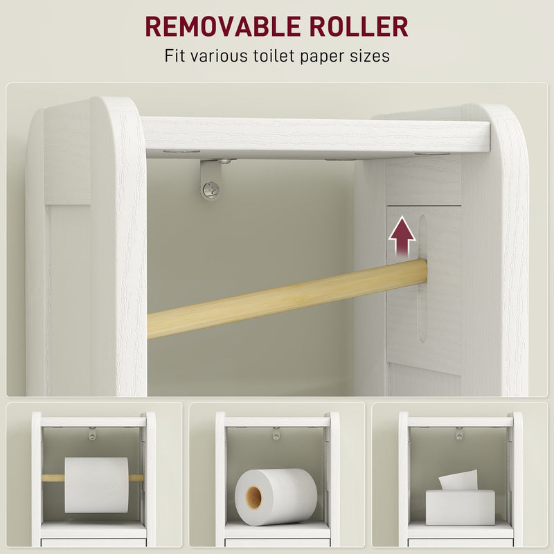 Close-up of the removable toilet roll holder fitting different roll and tissue box sizes