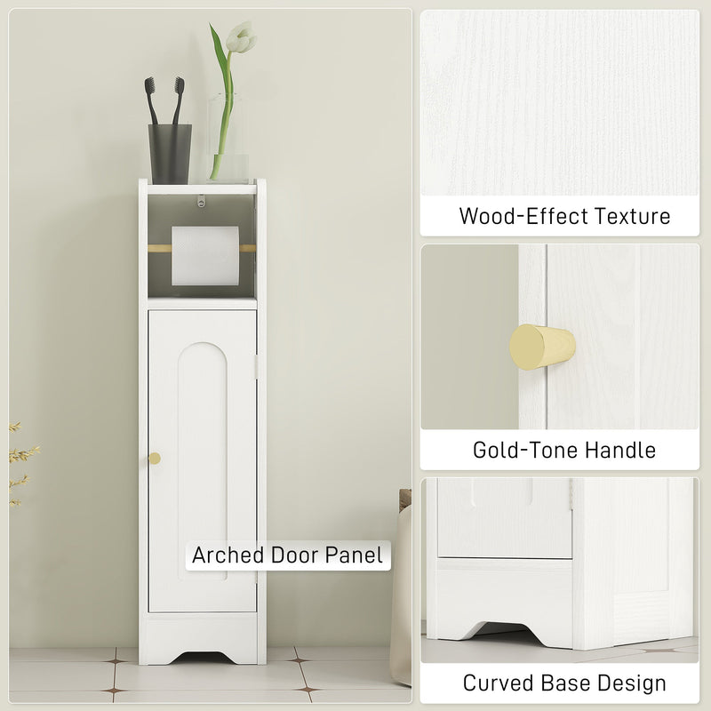 Close-up details of the cabinet's wood-effect texture, gold-tone handle and curved base