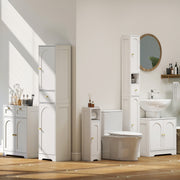 Lifestyle shot of a matching HOMCOM bathroom furniture range, including a tall mirrored cabinet and vanity unit shown alongside this cabinet