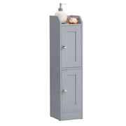 Dove grey slim bathroom cabinet with 2 doors, with a soap dispenser and soap on top