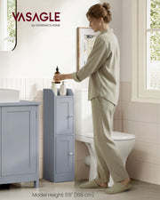 Woman reaching for a bottle on the slim cabinet beside a toilet and vanity