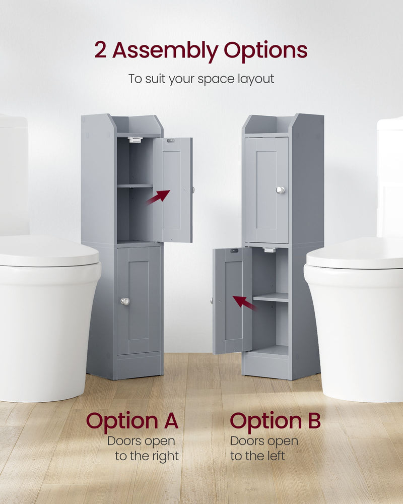 Two slim cabinets beside toilets showing doors that open to the right or the left