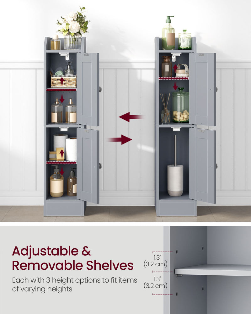 Open slim cabinets holding toiletries, with a close-up of the adjustable shelf height options