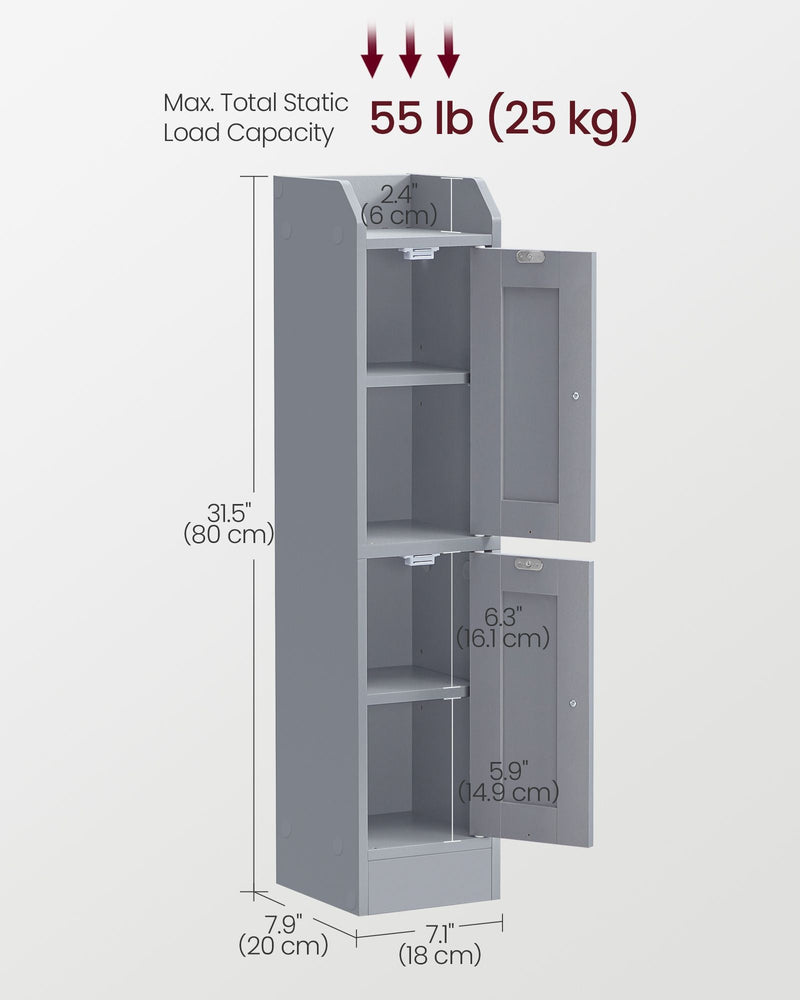 Dimensions diagram of the slim bathroom cabinet showing 80 cm height, 18 cm width, 20 cm depth and 25 kg static load